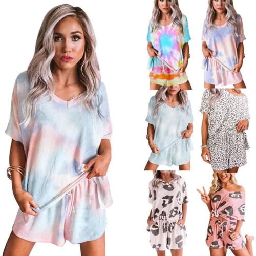 Womens Tie Dye Printed Ruffle Short Pajamas Set Summer Outfits For Women 2020 Clothes Cusual V-neck Short Sleeve 2 Piece Set