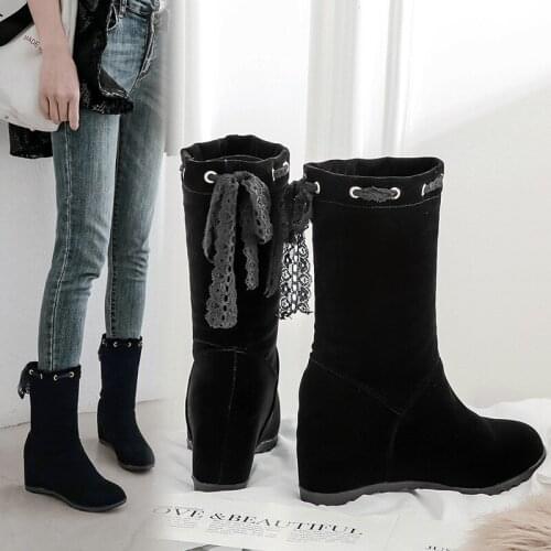 YQBTDL Retro Ribbon Knot Flock Wedges Ankle Boots for Women Autumn 2021 Party Slip-on Girl Shoes Drop Shipping Plus Size 34-43