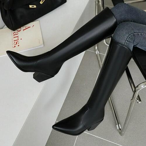 2021 PU Leather Women Knee High Boots Fashion Pointed Toe Square High Heel Calf Boots Back Zipper Womans Shoes Plus Size 43