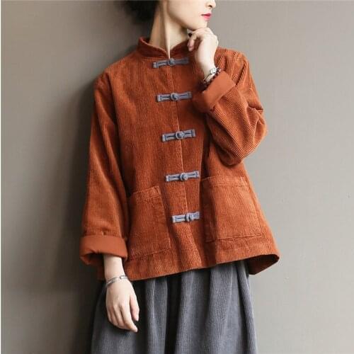 Johnature Women Corduroy Shirts Blouses Vintage Chinese Style Tops 2021 Autumn New Solid Color Button Loose High Quality Shirts