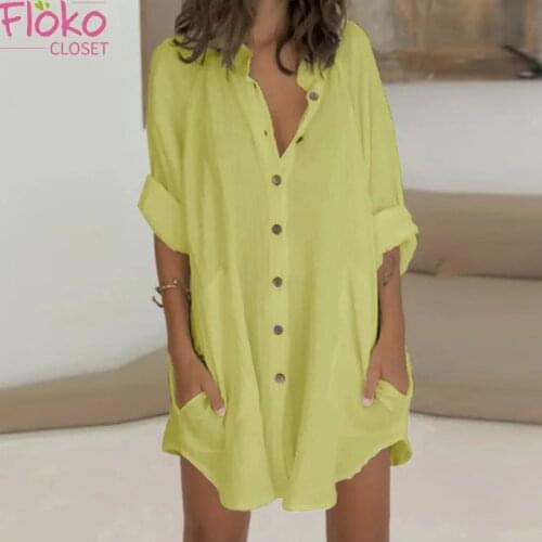 Flokocloset Casual Cotton Linen Loose pure Shirt Dress Single Breasted Office Lady Work Dresses Solid Lapel Tunic Shirt Robe