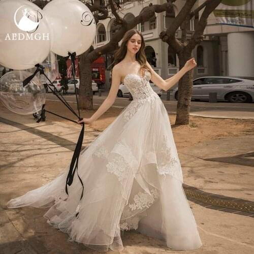 Aedmgh A-Line Boho Wedding Dresses 2021 Sweetheart Strapless Court Train Vestido De Novia Backless Appliques Robe De Mariee