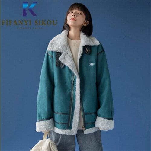 2020 Winter Women Suede Jacket Thick Warm Lambswool Jackets Soft Faux Leather Jacket Female Fashion Lapel Loose Motorcycle Coats