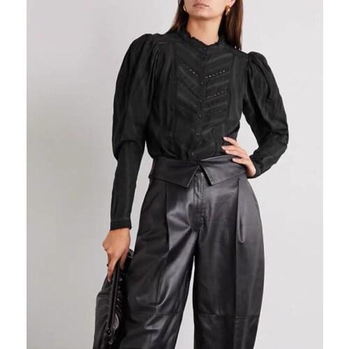 2021 Autumn Winter 10.22 New Fashion Vintage Hollow Out Puff Sleeve Shirt Women Cotton Blouse Two Color