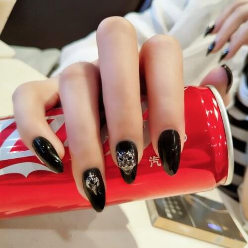 24pcs/box with 2g glue Fashion Leopard Head Decor Black Sexy False Nail Patches Women 3D Smooth Full Cover Nail Tips with Glue