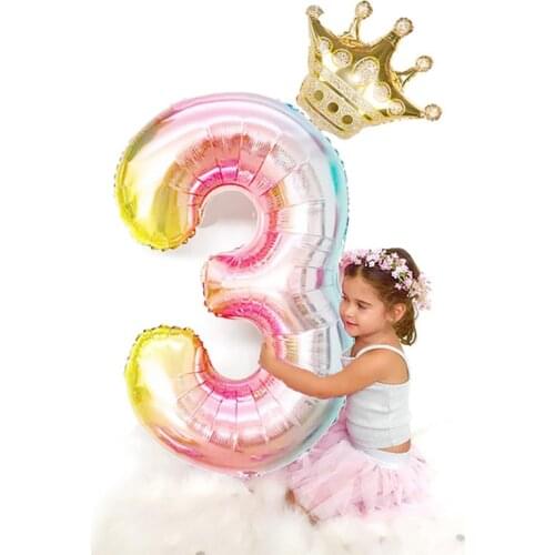 32inch Rainbow Number Foil Balloon With Crown Birthday Party Decorations 0-9 Digit Ball Anniversary Valentines Day Air Ballon