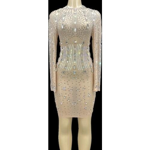 Sparkly Rhinestones Bodycon Short Dress Fashion Prom Gown Evening Sexy See Through Crystals Birthday Party Dress