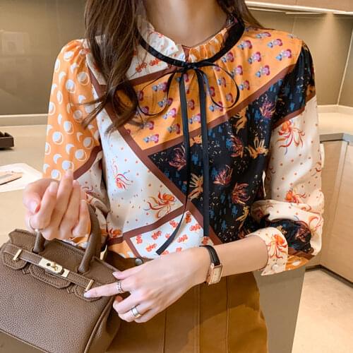Houthion Silk Womens Blouses Long Sleeved Top Fashion Casual Silk Shirt New Korean Style Printed Blouse Print Regular