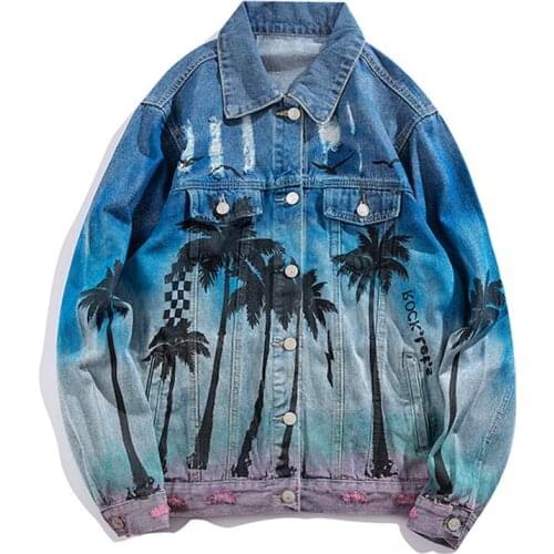 Chaqueta vaquera de Hip Hop, abrigo de otoño a la moda para hombre, ropa de calle estampada con palma de coco, Vaqueros rotos co