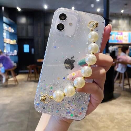 Luxury Glitter Pearls Wrist Chain Phone Case for Iphone 12 11 Pro XS Max XS XR 8 7 Plus SE 2020 Bracket Strap Clear Cover Capa