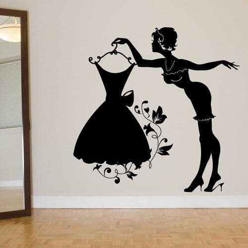 Floral Dress Wall Decal Model Girls Bedroom Closet Dress Room Clothing Store Interior Decor Art Door Window Vinyl Stickers E264