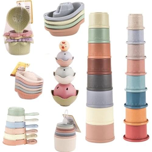 Baby Bath Toys Stacking Cup Toys Colorful Early Educational Baby Toys Boat-shaped Stacked Cup Rainbow Folding Tower Toys Gift