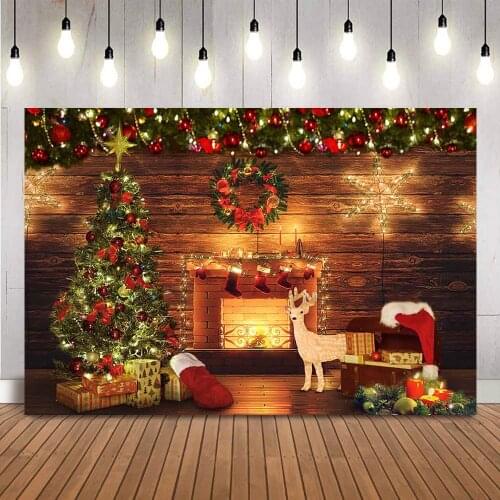 Photography backdrop Christmas fireplace photo booth background studio Christmas tree wreath glitter stars Christmas photocall