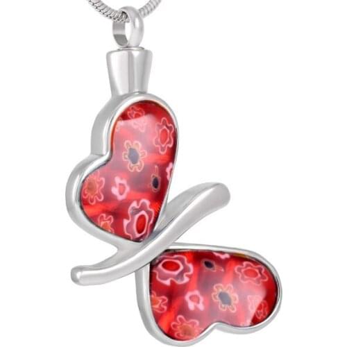 IJD8492 Free Filling Kits - 316L Stainless Steel Red Glass Butterfly Memorial Urn Keepsake Cremation Jewelry Pendant for Ashes