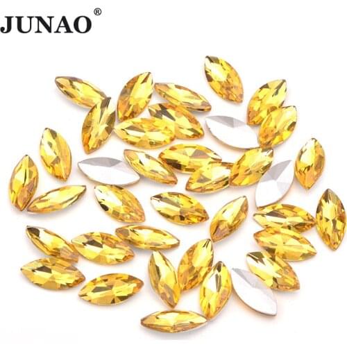 JUNAO 7*15mm Topaz Color Point Back Rhinestones Applique Horse Eye Glass Strass Fancy Stones Glue on Decoration Crystal Craft