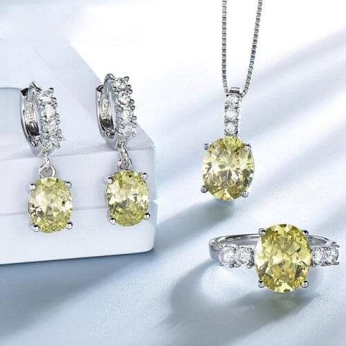 Luxury 100% 925 Sterling Silver Created Peridot Diamond Gemstone Necklace Earrings Ring Set Wholesale Fine Jewelry Sets