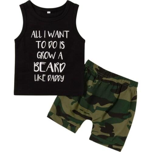 2021-05-04 Lioraitiin 2Pcs Set 0-24M Infant Toddler Baby Boy Cool Summer Clothing Sleeveless Letter Printed Top Camou Shorts