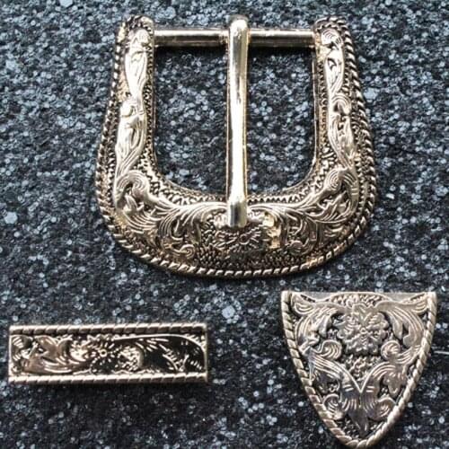 Beautiful vintage floral carved embossed design silver light golden color leather belt buckle 3pcs parts/set 1set/lot