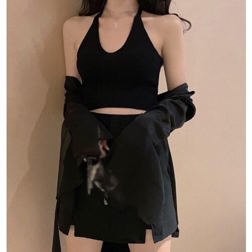 Summer Women Outer Wear Young Simple Casual Wild Crop Top Korean Style Solid Color Bungee Vest Female Hanging Halter Short