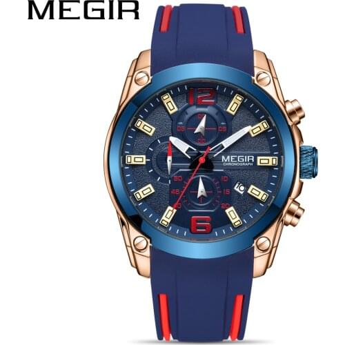MEGIR 2021 New Blue Sport Watch Men Blue Silicone Chronograph Quartz Man Watches Clock Luxury Brand Wristwatch Relogio Masculin