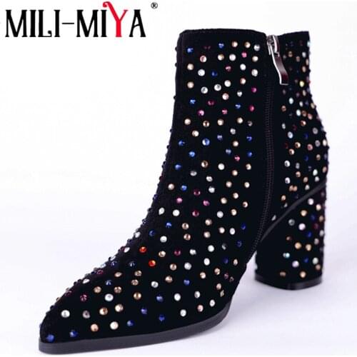 MILI-MIYA Fashion Sexy Cow Suede Ankle Boots Colorful Rhinestone Night Club Party Woman High Heels Zipper Autumn Ladies Shoes