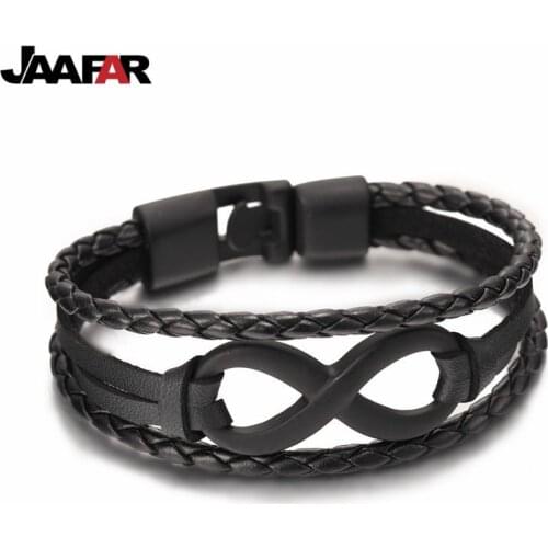 Wholesale New Fashion Black plated Infinity Bracelet Genuine Black Leather Hand Chain Alloy Buckle friendship bracelet men