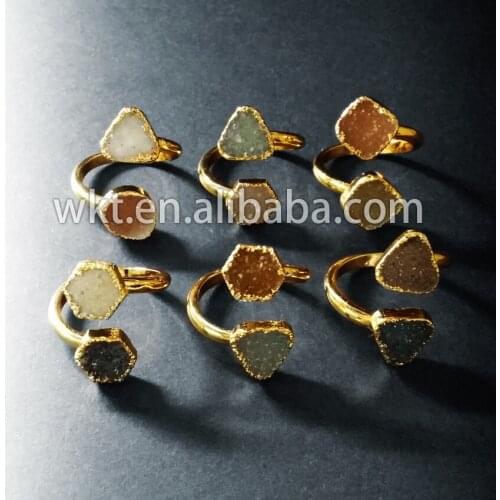 WT-R189Wholesale New!! in stock natural double stone drusy ring , gold electroplated sparkly druzy a gate ring in free shipping