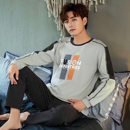 Pajamas Mens Solid Cotton Autumn Winter Long Sleeve Youth Pullover Loose Spring Casual Large Home Wear Set