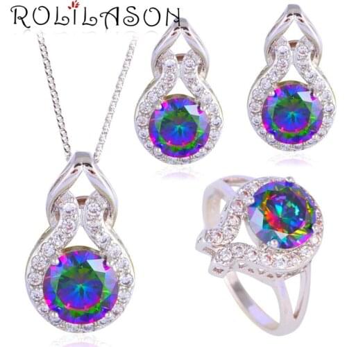 ROLILASON JS620 Silver stamped Clip Earrings Necklace Pendant rings Wedding Rainbow Mystic Zircon AAA CZ Jewelry Set