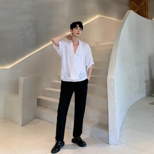 Slip-on shirts INS neutral summer designer mens alternative shirts loose-fitting deep v-neck trend brand lovers placket