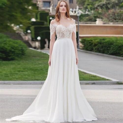 ChuYu Modest Chiffon Off The Shoulder O-neck Back Button Appliques See Through Long A Line Wedding Dress Formal Occasion 2021
