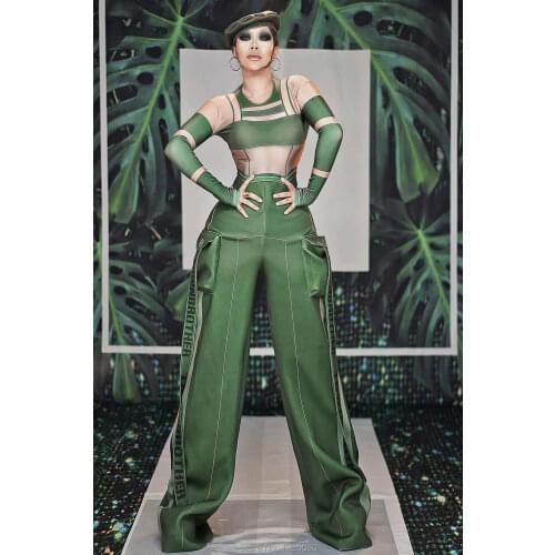 Sexy Green Military Uniform Long Sleeves Bodysuit Nightclub Bar Outfit Women Dance Stage Wear Jumpsuit Outfit