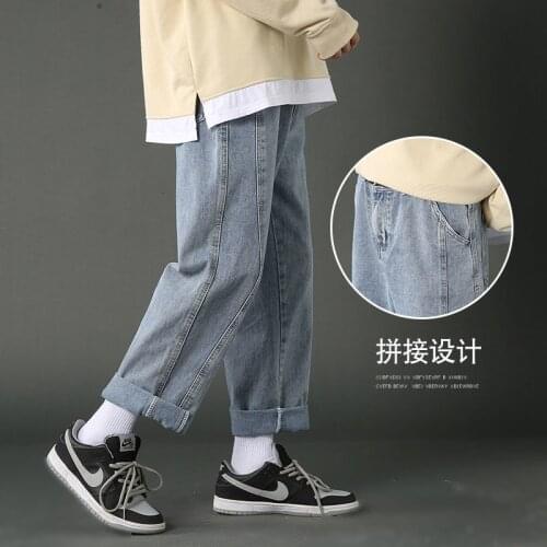 Stitching Washed Blue Jeans Mens Trend Brand Loose Casual Straight Wide-leg Pants Streetwear Hiphop Denim Trousers Oversize 2021