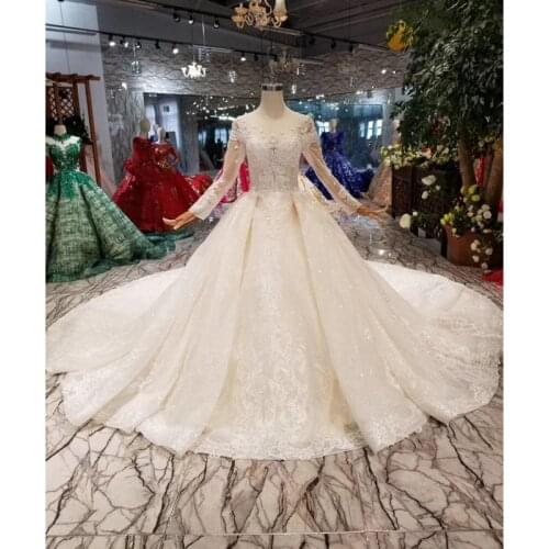 BGW HT42914 Wedding Dress With Long Train O-neck Long Sleeve Lace Up V-back Bridal Dress Up Flower Wedding Gown Dress
