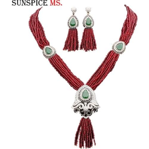 Sunspicems Morocco Caftan Bead Wedding Jewelry Set Antique Gold Color Full Rhinestone Long Drop Earring Tassel Pendant Necklace