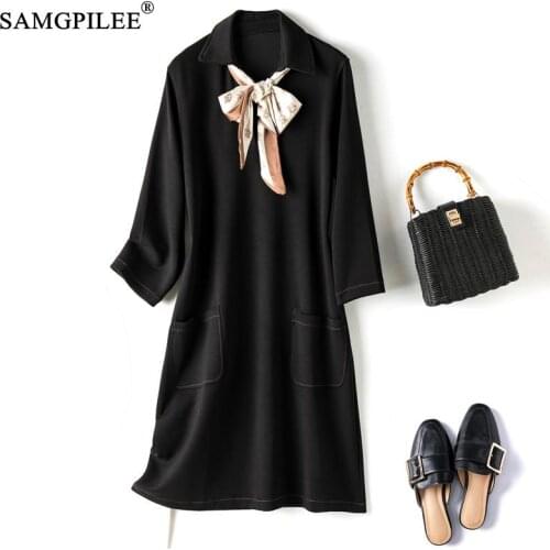 Party Dresses For Women 2021 European High Quality Turn Down Collar Scarf Neck Comfortable Space Cotton With Pocket Woman Dress