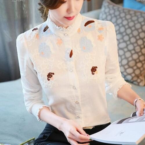 Spring Fall Office Lady Womens Ruffled Stand Collar Long Sleeve Embroidery White Blue Top Blouse , Blouses and Tops for Women