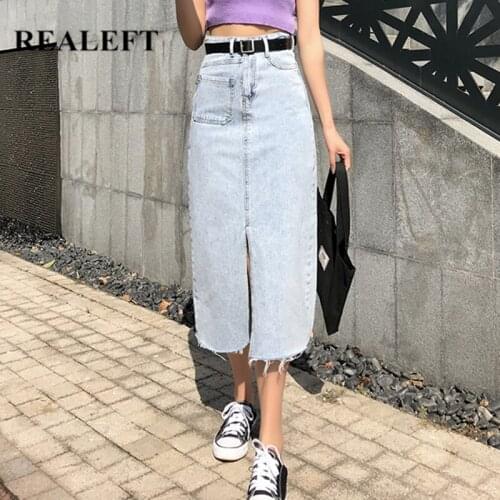 REALEFT 2021 New Spring Summer Vintage Womens Long Denim Skirt with Belted High Wasit Straight Female A-line Front Split Skirt
