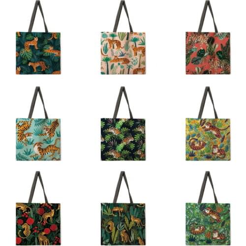 Ladies casual handbag tropical rainforest and tiger print handbag Ladies shoulder bag outdoor beach bag foldable shopping bag