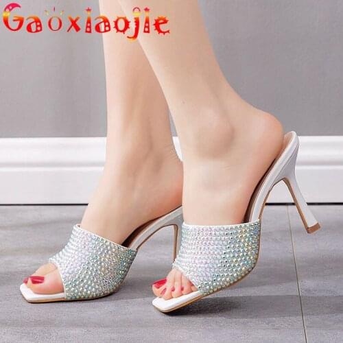 Sparkling Colorful Water Diamond 2021 Summer New Square Head Slipper Fashion Slip On Slides Women 9CM Party Sandal Shoes Size 42