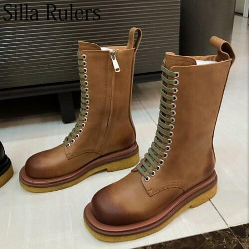 New Thick Sole Lace-up Chelsea Boots Women Genuine Leather Round Toe Mid Calf Boots Woman Motorcycle Boots Ankle Boots Woman