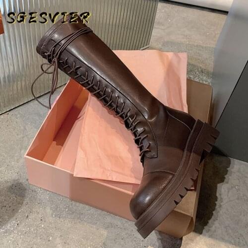 SGESVIER Retro Vintage Platform Female Mid-Calf Boots Cross Tied Round Toe Chunky Heels Shoes For Women Party Working Shoes
