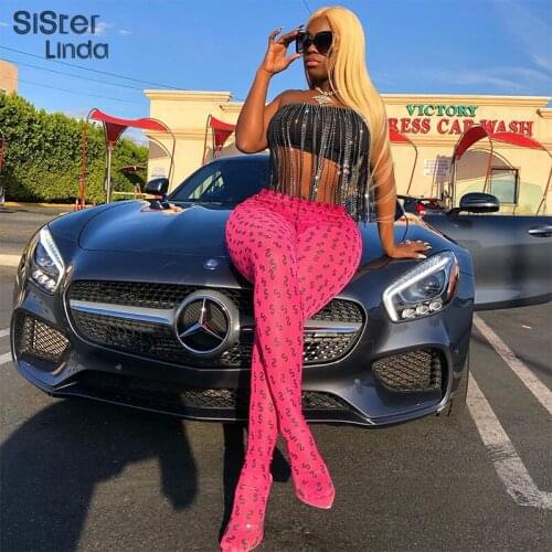 Sisterlinda Dollar Print Neon Pink Pant Women Y2K Trousers Elastci High Waist Pants Female Retro Bodycon Clothing Streetwear2020