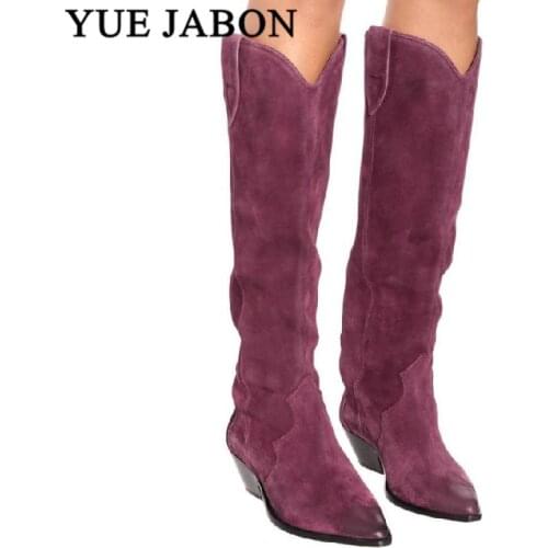 Genuine leather Knee high boots for women pointed Toe winter long boots women Cowboy thigh Knight boots Chunky High Heel Boots