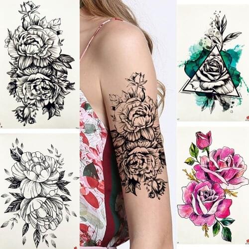 Women Bracelet Blossom Temporary Tattoo Stickers Body Arm Peony Rose Flash Tatoos Flower Peony Party Tattoo Waterproof Art DIY