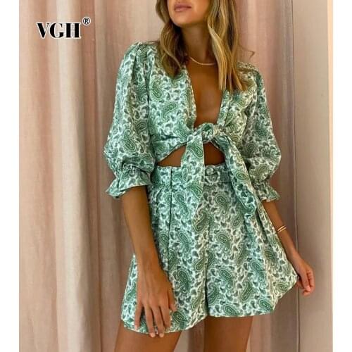 VGH Print Two Piece Set For Women V Neck Puff Sleeve Lace Up Tops High Waist Mini Skirts Vintage Sets Female 2021 Summer Fashion