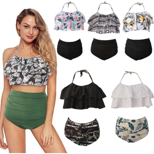Woman Ruffle Layered Two-piece Swimsuit Ladies Halter Floral Bikini Set Swimsuits Women Bandage Swimwear Bathing Tankini