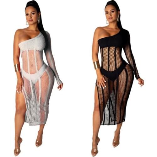 BKLD Summer Beach Outfits Women Hollow Out Sexy See Through Mesh Fishnet 2 Two Piece Sets Off Shoulder Long Sleeve Dress+Panties