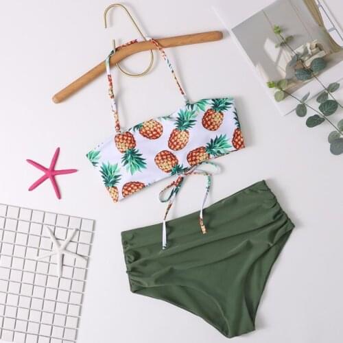 Womens Sexy 2 Piece Bikini Set Halter Pineapple Printed Cross Bandage Swimsuit High Waisted Tummy Control Bathing Suit