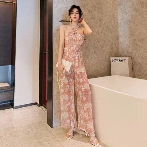 New arrival fashion summer chiffon jumpsuit women beach print temperament spaghetti strap sexy sweet pink elegant thin jumpsuit